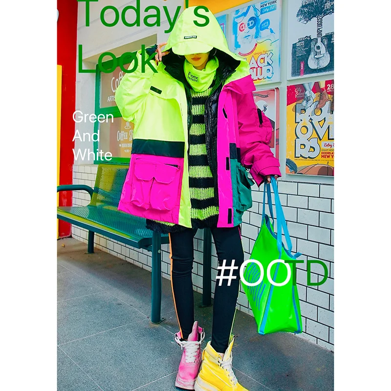 Verdikt donsjack met capuchon voor dames, nieuwe herfst-/winterstijl, kleurrijk patchwork, trendy merk, losse pasvorm, unieke straatstijl