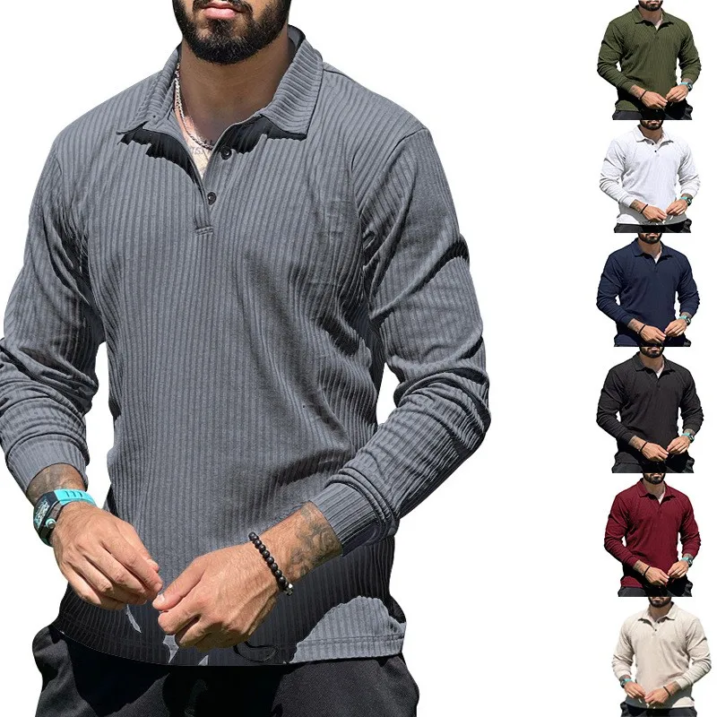Collar T-shirt Slim Fit Cotton Blend Button Front Turn Down Collar Long Sleeve Solid Color Casual Wear Olive Green Navy Blue