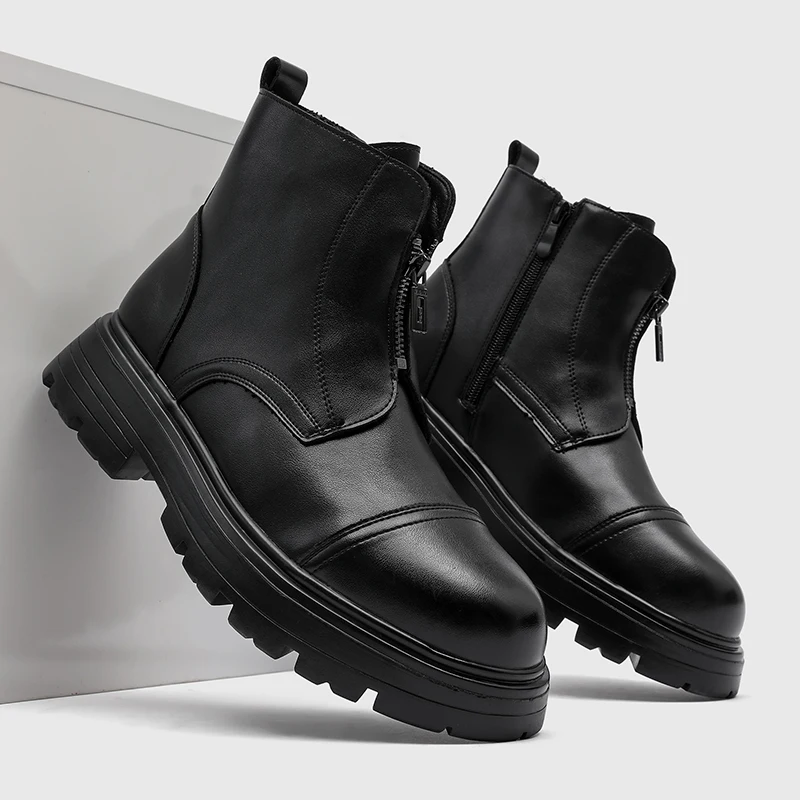 Men Retro Thick-soled Double-zip Ankle Boots Black Anti-slip Water-resistant Fashionable Street Motorcycle Shoes Daily Wear Boot