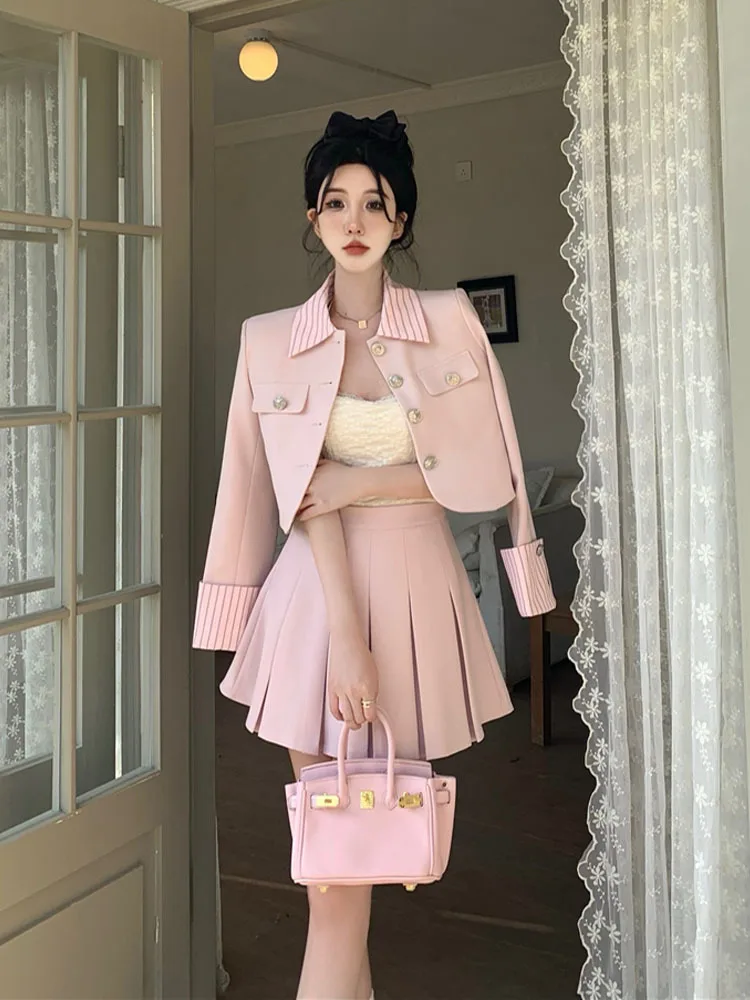 Femme Vintage Collision Color Crop Blazer Skirts Suit Female Long Sleeved Jacket Pleated Skirt conjuntos de mujer 2PCS