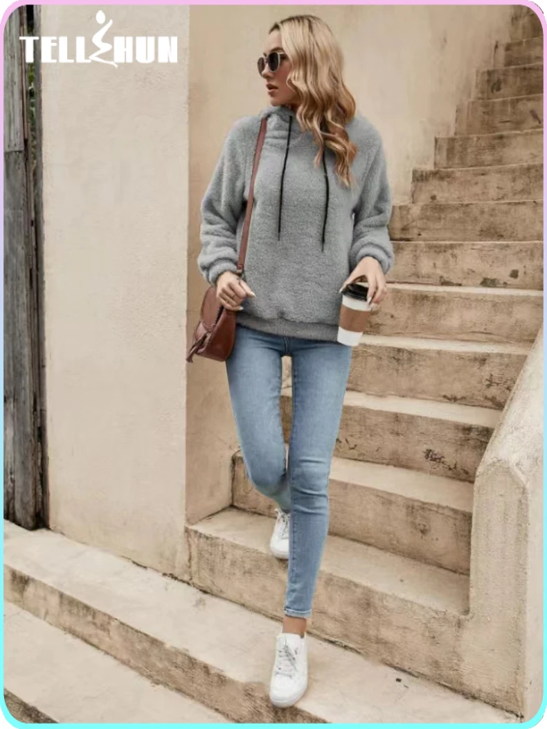 Autumn and Winter Plush Long-Sleeved Pullover Basic Hooded Casual Street Sweatshirt Women's solid Warm coat Tops