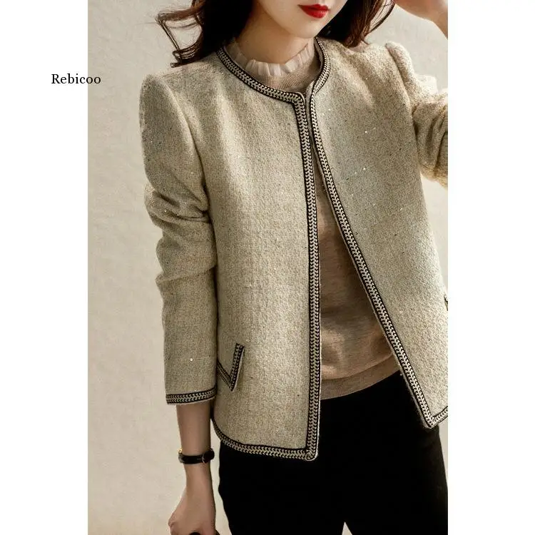 Women 2022 Spring Women clothing edge contrast color cardigan Korean version round neck elegant Jacket