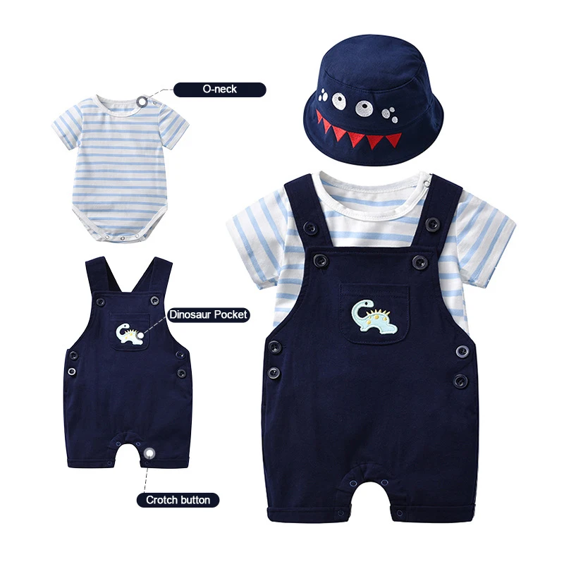 Children's Suit Summer Boy Suspenders Striped Top Korean Version Baby Gentleman Cute Dinosaur Pattern Crawling Suit