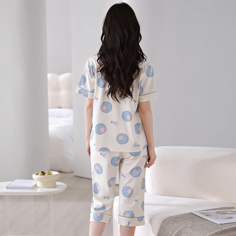 Summer 100%Cotton Floral Women Pajamas Set Short Sleeve Turn-down Collar Female Sleepwear Casual Soft M-XXL Women\'s Nightwear