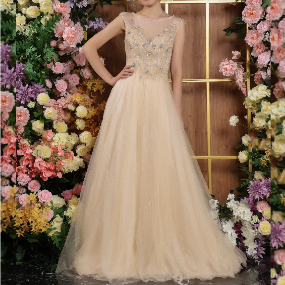 Champagne Elegant Embroidered Beaded Women Sleeveless Delicate Tulle Prom Ball Gown Wedding Bridesmaid Formal Party Long Dress