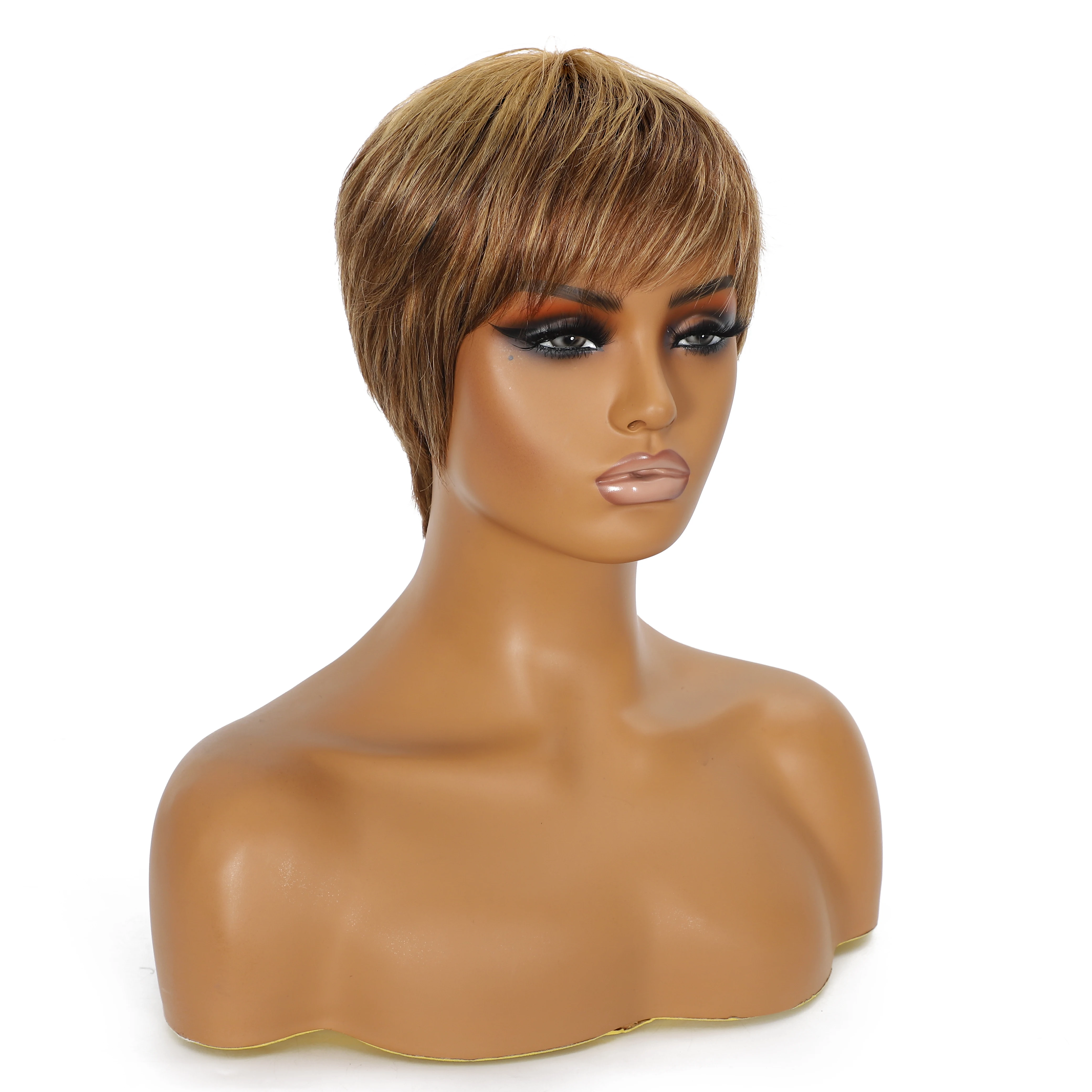 Short Ombre Brown Human Hair Wig, Layered Pixie Cut
