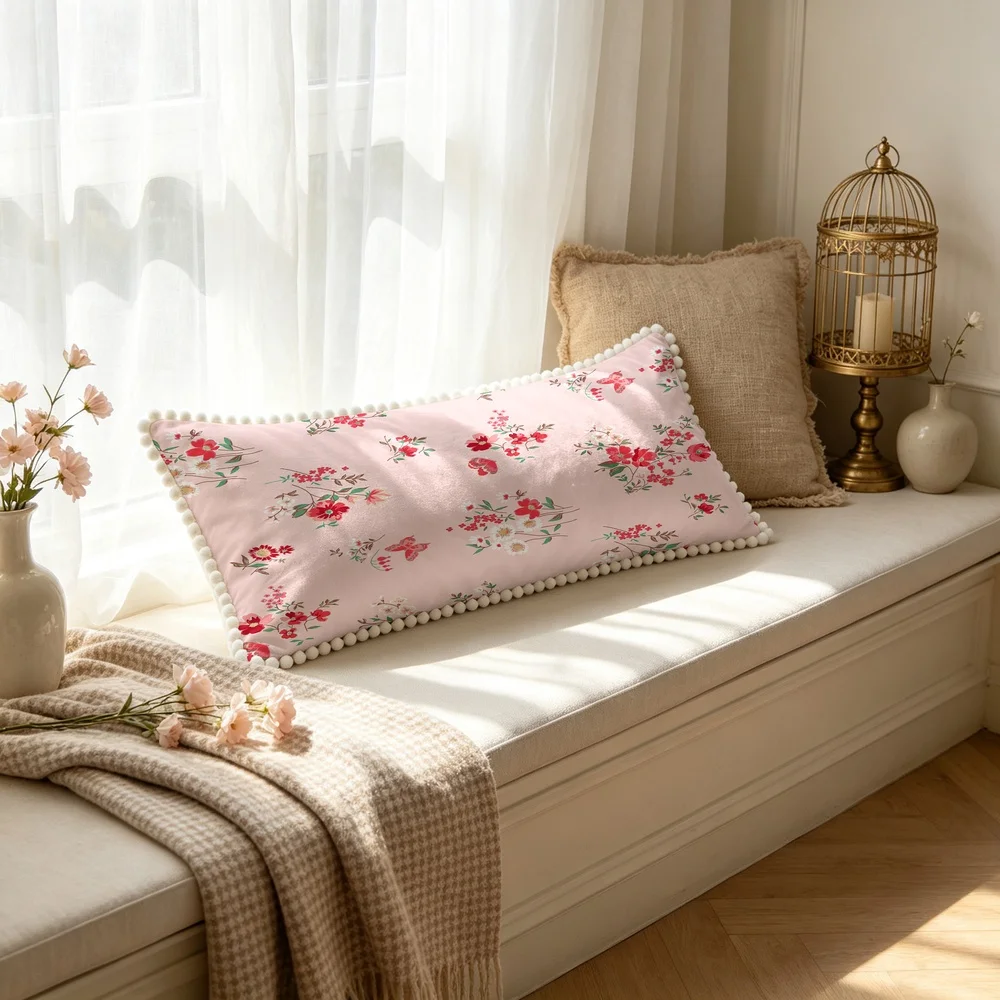 1PC Nude Pink Background with Red Small Wildflowers and Green Leaves, Sweet Vintage Country Floral Long Pillow Cover with Pom