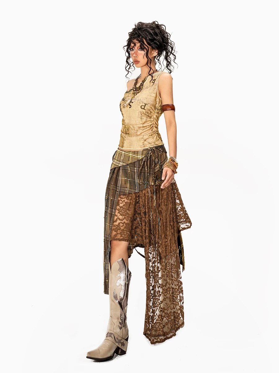 Retro Wandering Style Kanten Geruite Rok Dames Wasteland Hot Girl Onregelmatig Patchwork