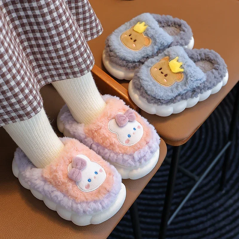 2024 New Winter Cute Rabbit Bear Cotton Flip Flops Children\'s Plush Slippers For Girls Boys Home Indoor Fluffy Mule Kids Shoes