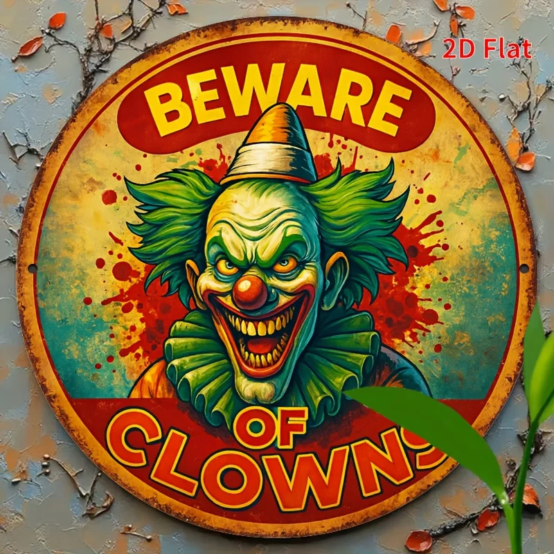 2D Flat Vintage Clown Warning Aluminum Wall Art 8x8 Inch Horror Circus Sign for Halloween Indoor Decor