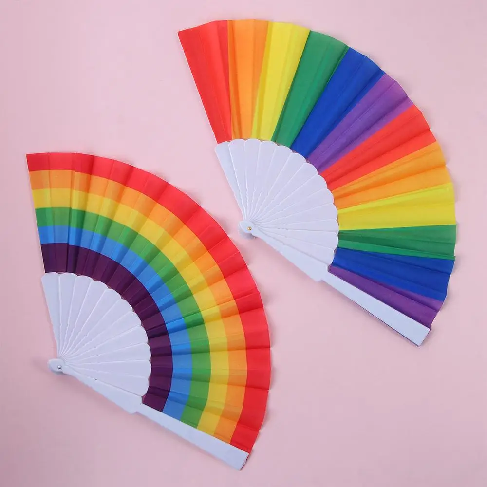 Home Decoration Folding Fan Crafts Summer Gift Rainbow Folding Fan Handle Hand Fan Photo Prop Tool Rainbow Folding Dance