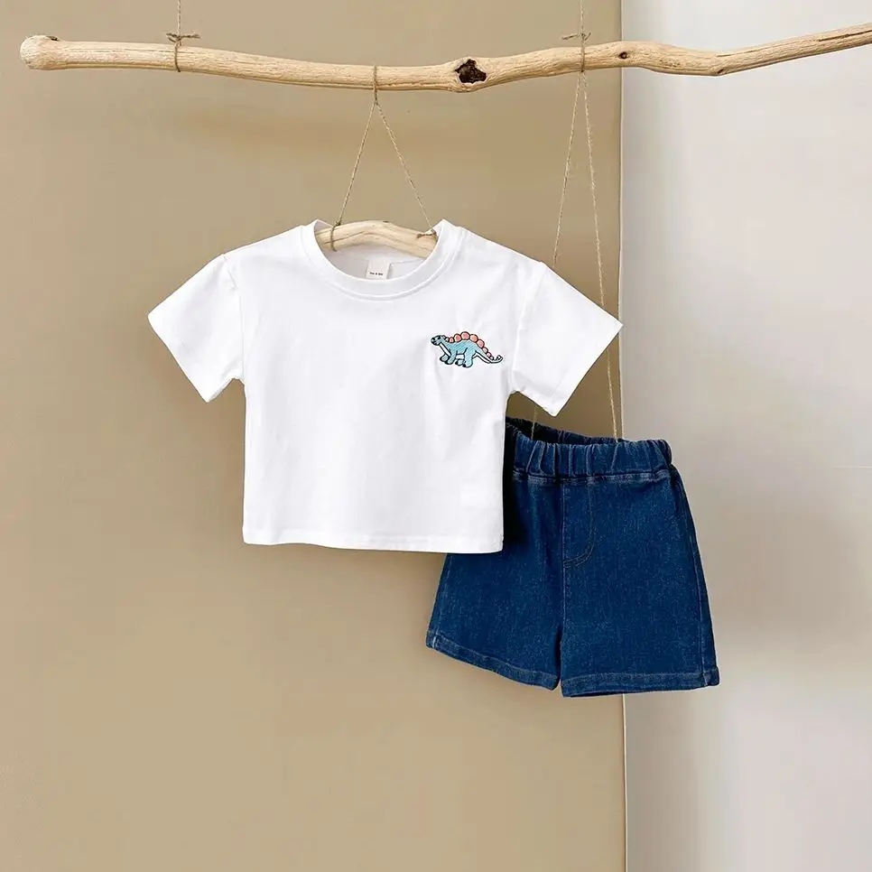 2PCS New Infant Outfit Newborn Baby Boys Clothing Summer Set Cartoon Dinosaur Print Cotton T-shirt Denim Shorts Girl Clothes