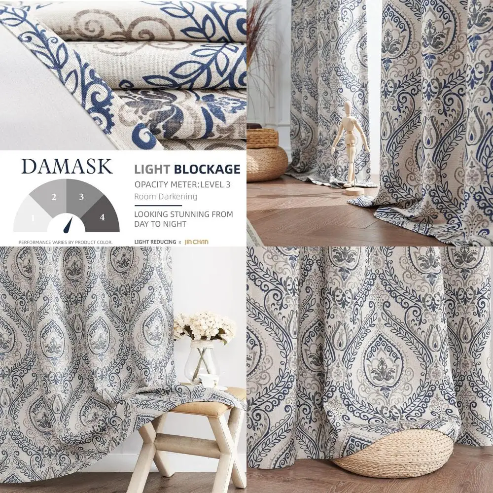 

Extra Long Vintage Damask Curtains, Blue & Greige, 108 Long, Linen Textured Panels for Living & Bedroom Darkening