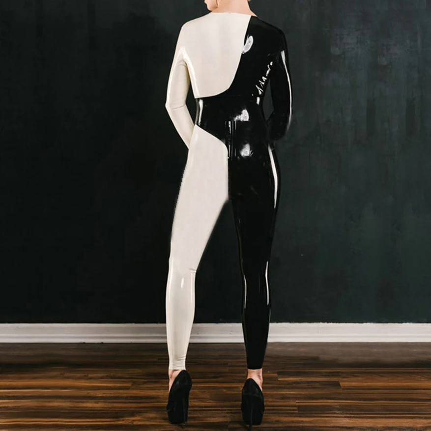 Sexy Black And White Latex Deep V Catsuit Asymmetric Unique Rubber Bodysuit Size Custom Made Handmade Dance Jumpsuit S-LC316