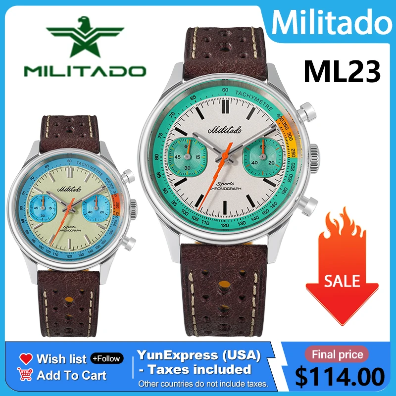 MILITADO ML23 Quartz Watch Miyota 6S21 Sweep Chronograph Stainless Steel Sapphire Luminous 100m Waterproof Luminous Men Watches