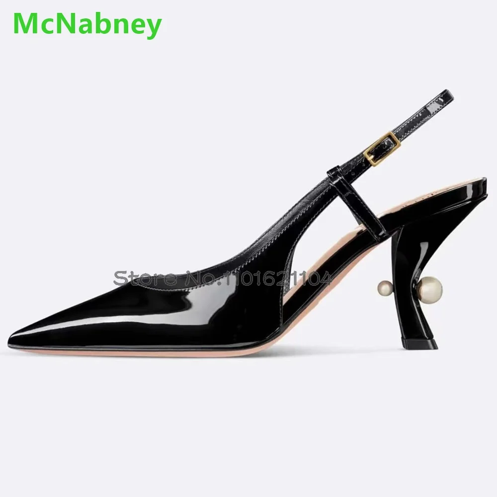 Pointed Toe Pearl Thin High Heel Pumps For Female Women 2024 New Luxury Design Slingback Buckle Strap Elegant Shallow Shoes