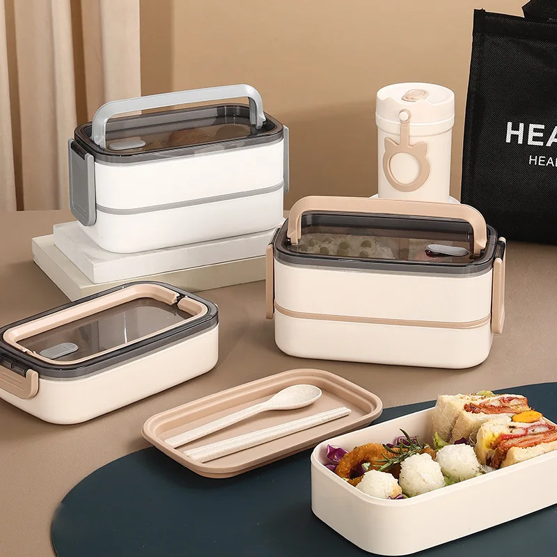 304 Stainless Steel Double Lunch Box with Cutlery 1400ML Portable Lunch Box Microwaveable Food Storage Box Thermo Bag Lunch Mug