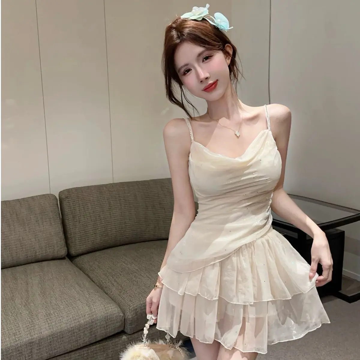 

Waisted Slim Shiny Irregular Camisole Women Cake Skirt Sweet Fairycore Chiffon Two Pieces Set Birthday Party Chic Sexy Clothing