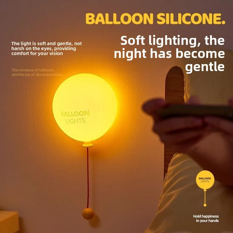 UDDALight Balloon Silicone Night Light, Squeeze Tap Lamp with Pull Cord, USB Rechargeable Bedside Light Bedroom
