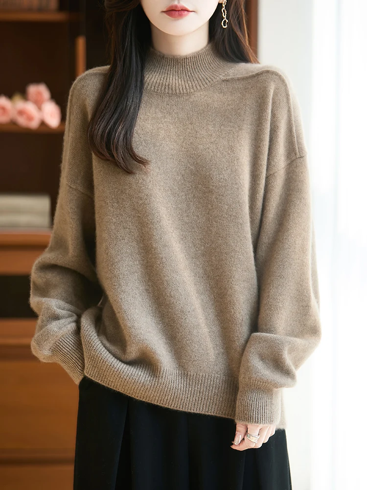 

Женский трикотаж из 100% мериносовой шерсти, свитер, осень-зима, пуловер с воротником-стойкой, свободная удобная популярная одежда с длинными рукавами из чистой шерсти