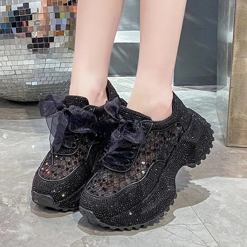 2025 أعلى جودة المرأة شبكة أحذية مشي المرأة الجديدة عادية سميكة وحيد حجر الراين تنفس لامعة الأب أحذية النساء أحذية رياضية #2