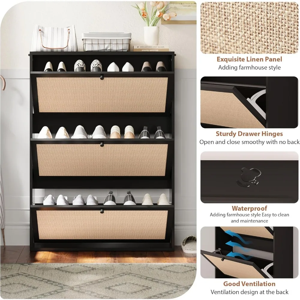 خزانة تخزين الأحذية ذات درج قابل للطي وباب من الكتان الضيق ومنظم قائم بذاته للأحذية #3