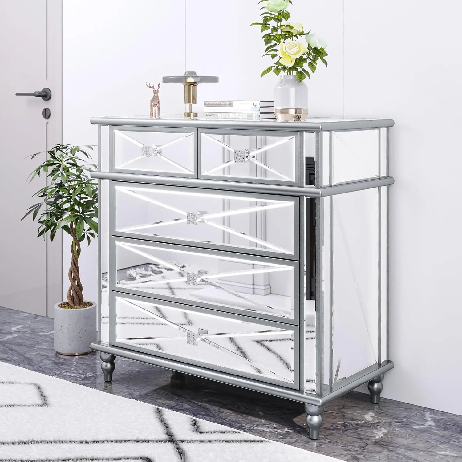 Dwvo Silver Mirrored 5 Drawer Dressers - 35