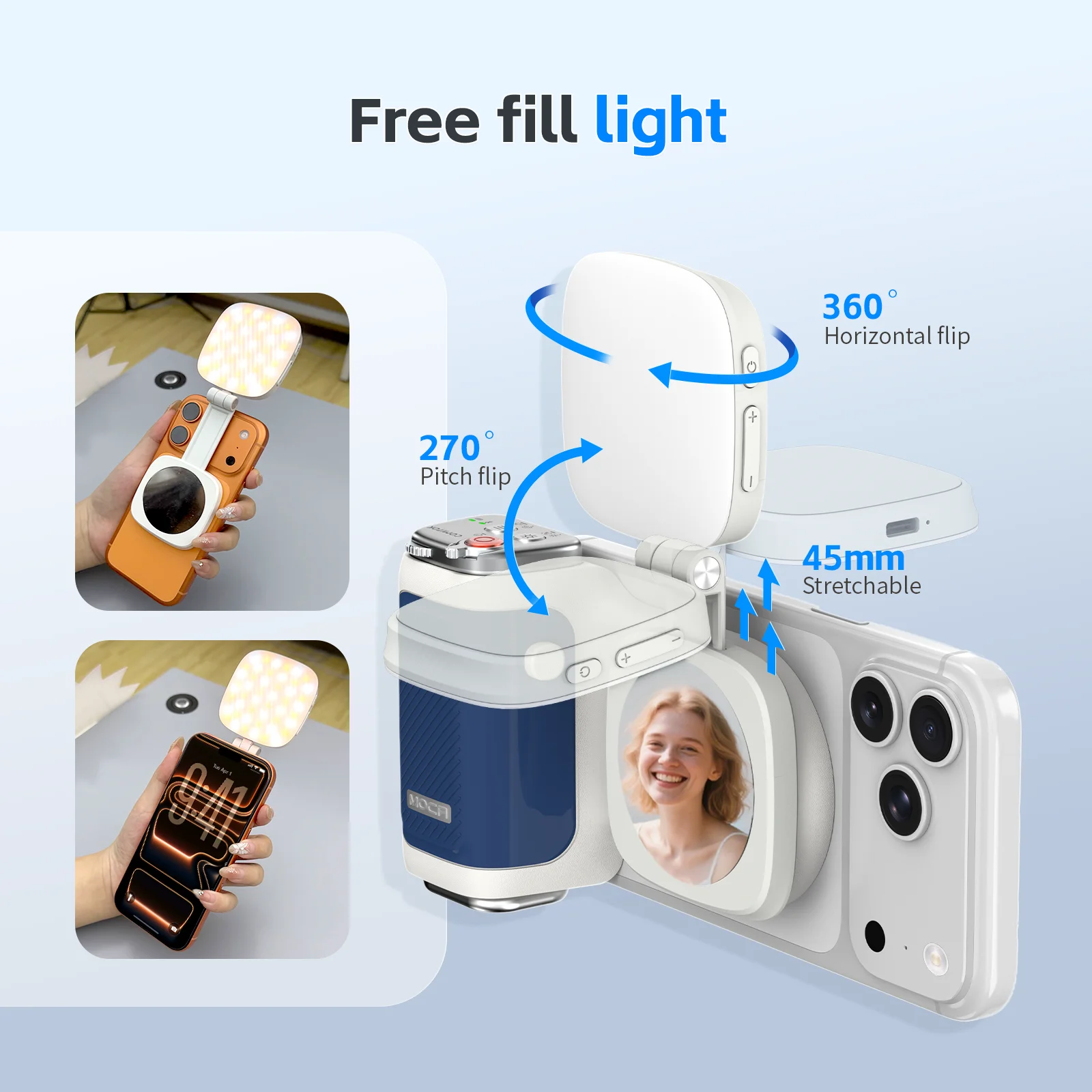 قبضة إطلاق مريح من COMITOK MOCA لهواتف iPhone، قفل التركيز/مصراع DSLR، جهاز تحكم عن بعد قابل لإعادة الشحن + مرآة اختيارية/إضاءة ملء