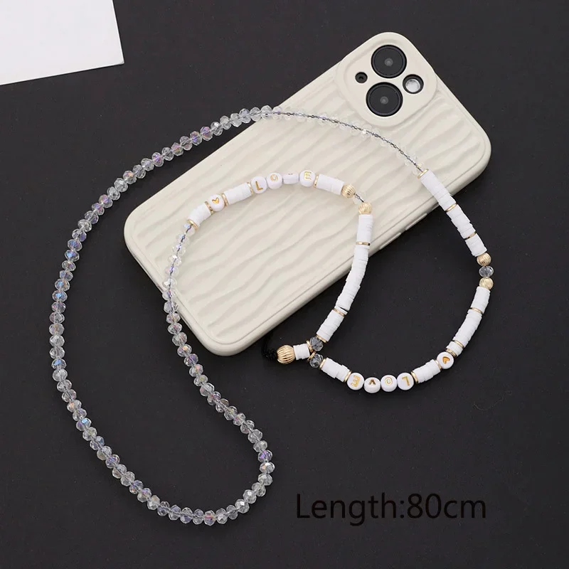 Pearl Crystal Phone Chain Hanging Neck Simple Butterfly Love Clay Charm Anti-loss Cellphone Case Rope Lanyard Jewelry for Women