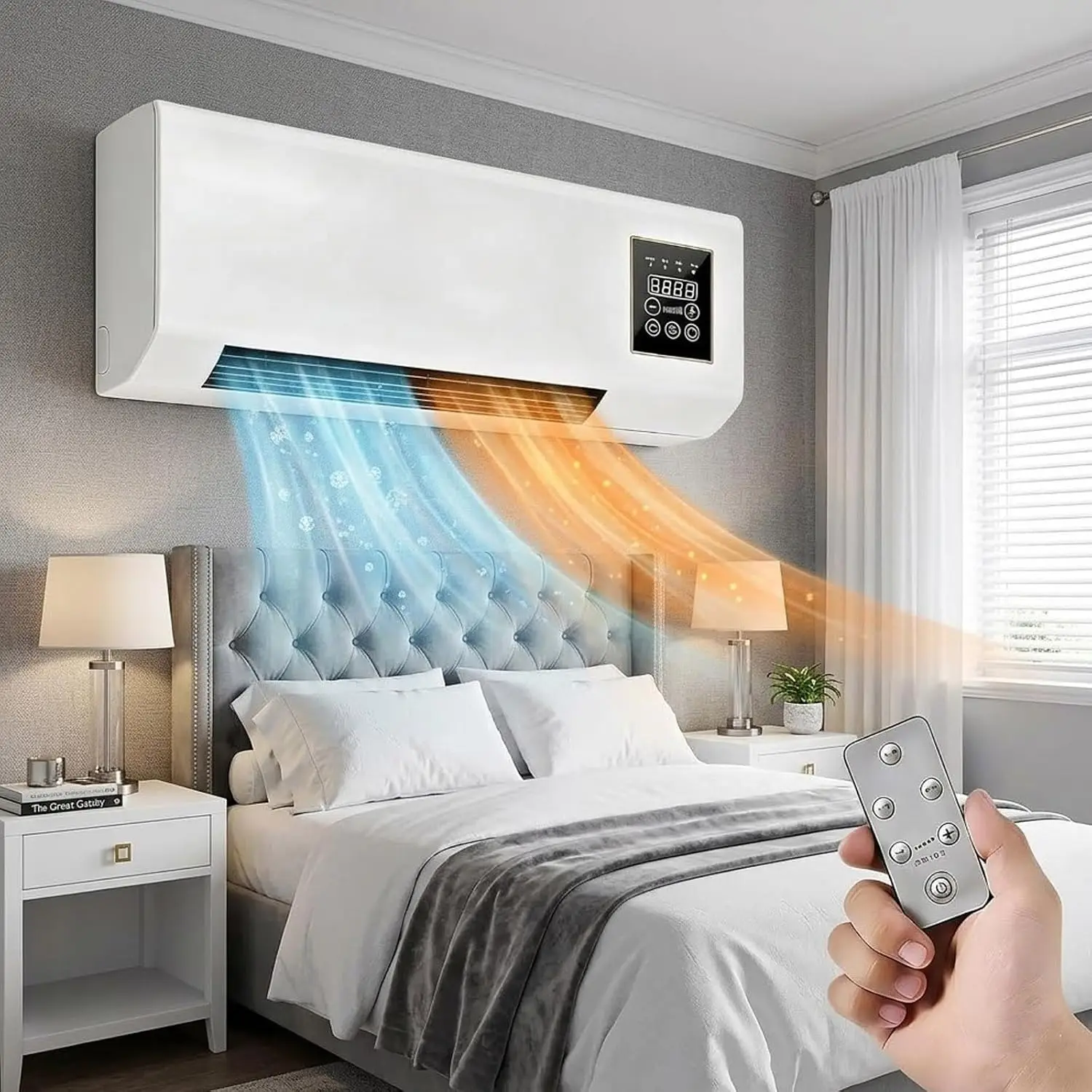1800W Wall Air Conditioner Wall Mounted Mini AC Unit for Bedroom, 2 In 1 Smart PTC Ac Heater with Remote Control Timer, Space Heater and Fan Combo for RV Garage Fast Heating(White)