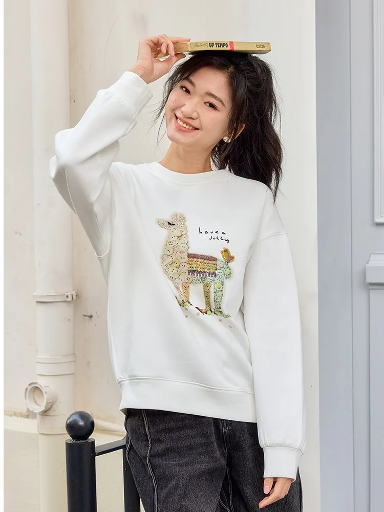 

Loose Fit Women's round Ne Sweatirt Embroidered Alpaca Spring New Sle Korean Version Trendy Casual Comfortable Top