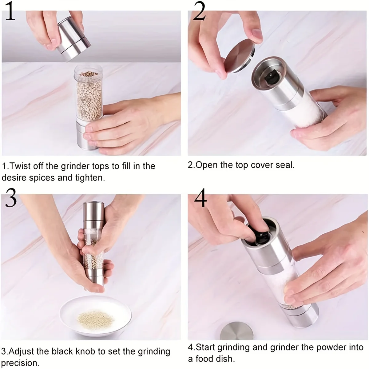 Salt and Pepper Grinder 2 in 1 Manual Stainless Steel Salt Pepper Mills with Adjustable Ceramic Grinding Spice Mill Kitchen Tool