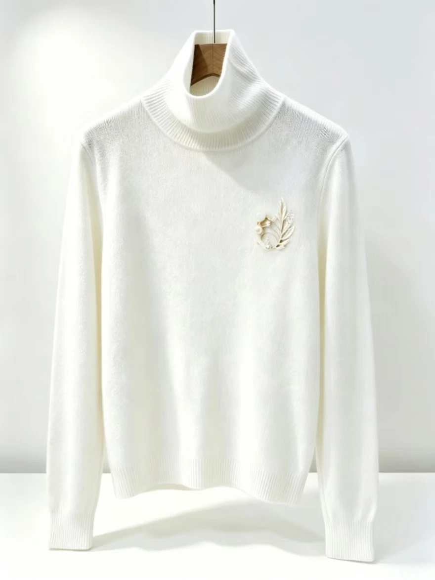 Detachable Sparkle Diamonds Brooch Turtleneck White Gray Sweater for Women Autumn/Winter Knitwear Bottoming Pullovers Femme