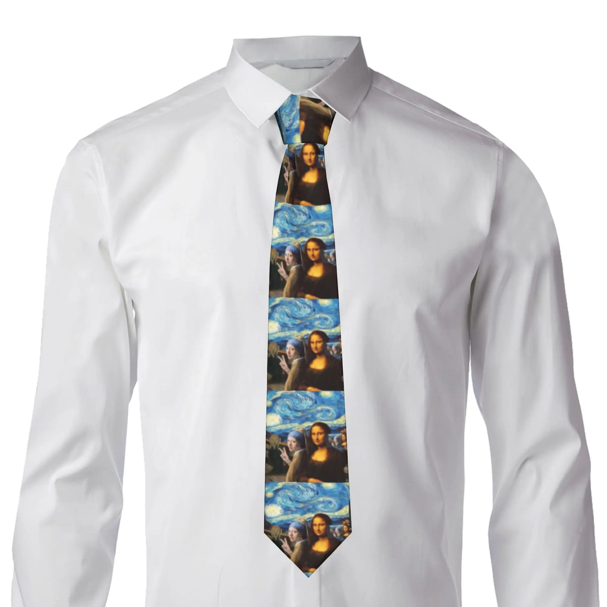 Starry Night By Mona Lisa and Vincent Van Gogh Neck Tie Men Formal Art Painting Silk Office Necktie