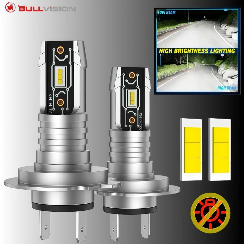 Bullvision 2Pcs H7 LED Lights Headlight Bulb 6000K 1:1 Mini Size Design Wireless For Car Lamp CSP 5570 Chip White Plug&Play 12V