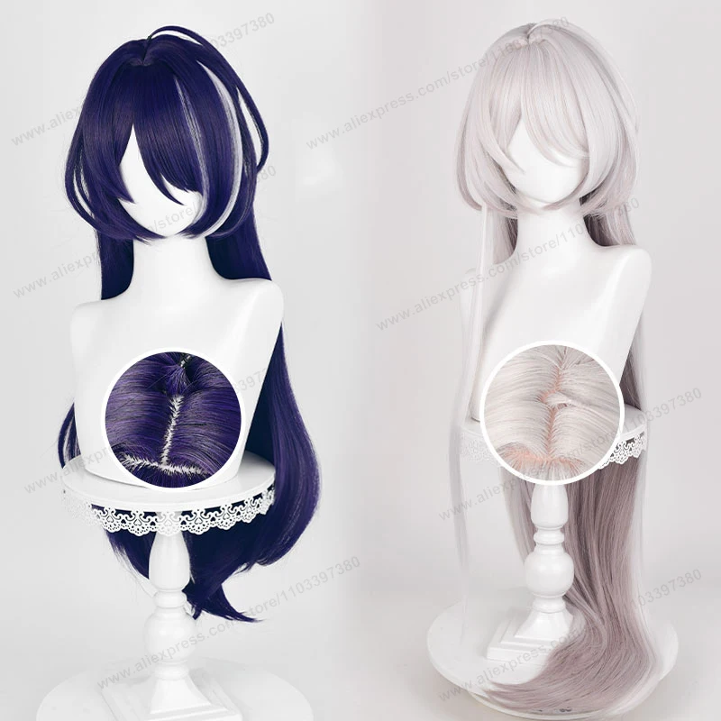 Honkai:Star Rail Acheron Wig Cosplay uniseks, Wig sintetis tahan panas Cosplay Anime panjang lurus biru ungu