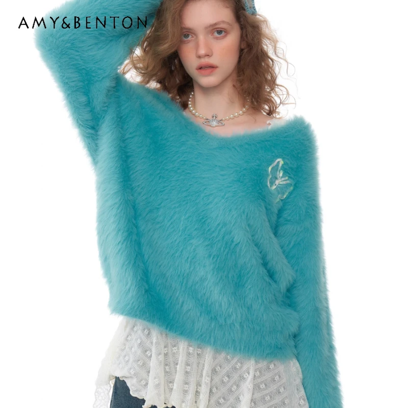 

American Retro High-End Loose Women's Sweater 2025 Autumn Winter New Blue Green Versatile Sweet Pullover V-Neck Sweaters ladies