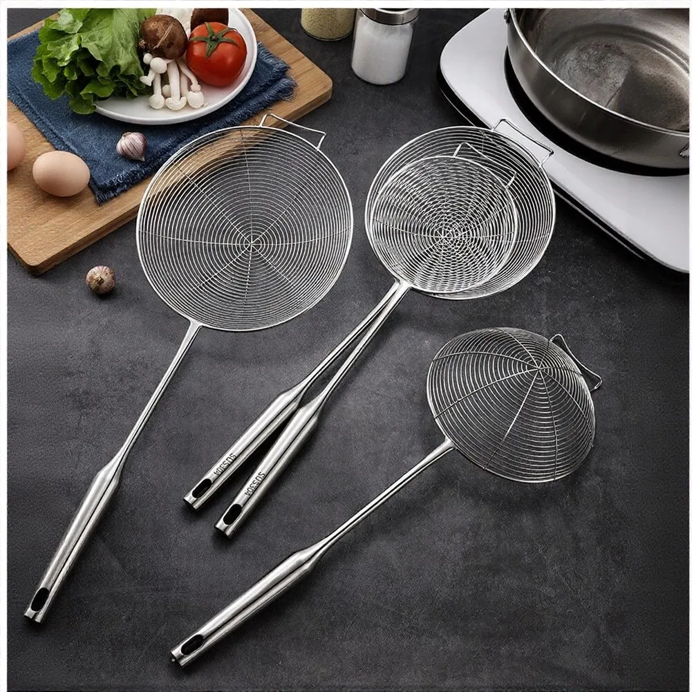 Stainless Steel Asian Skimmer for Pasta Noodles Drainage Frying Cooking 304 SS Mesh Frame Hanging Hole Dishwasher Safe