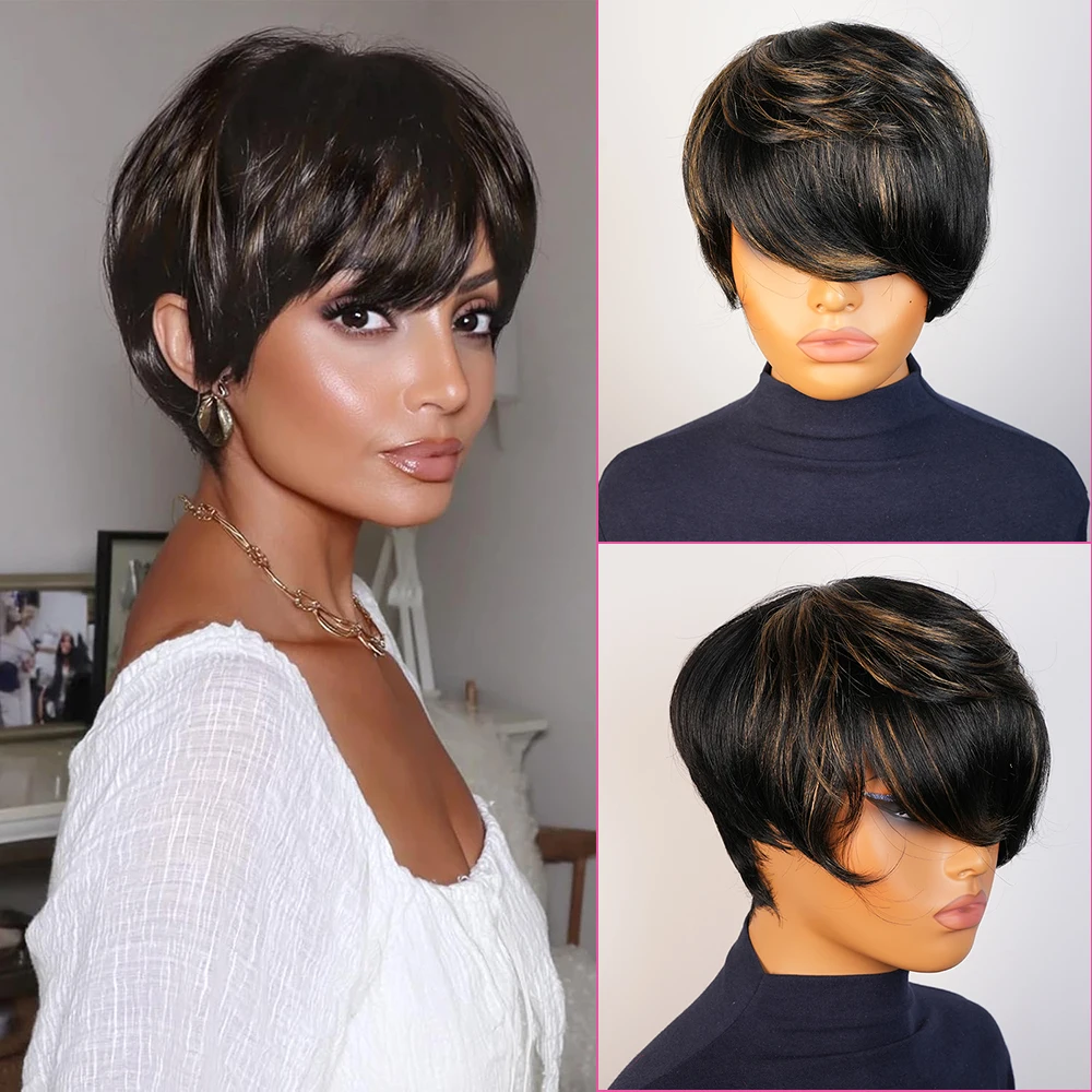 Коричневый мелированный короткий парик из натуральных волос с стрижкой пикси, прямой парик, бразильские волосы с предварительно выщипанной челкой для женщин, кепка машинного производства