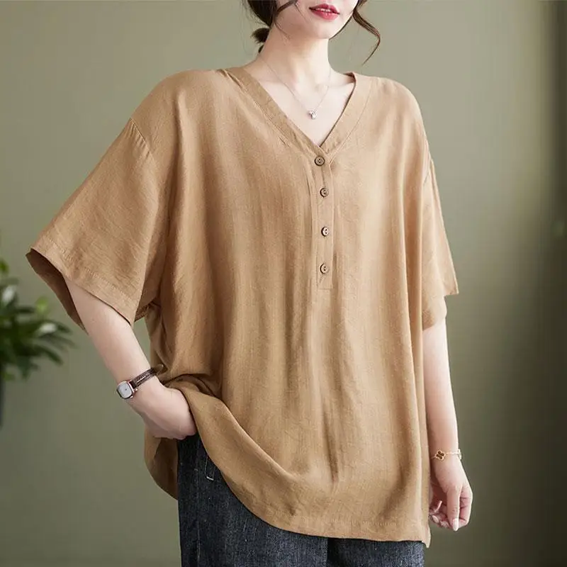 Women Summer Simple Casual Vintage Oversize Short Sleeve T-shirt Y2K Trendy V Neck Short Sleeve Solid Tunic Tops Ropa Para Mujer