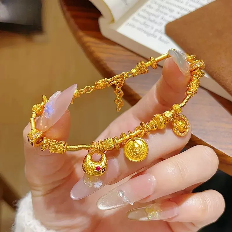 Yellow God of Wealth Small Planet Bracelet Ruyi Gourd Women 24K Gold AU999 adapted to trendy toy style