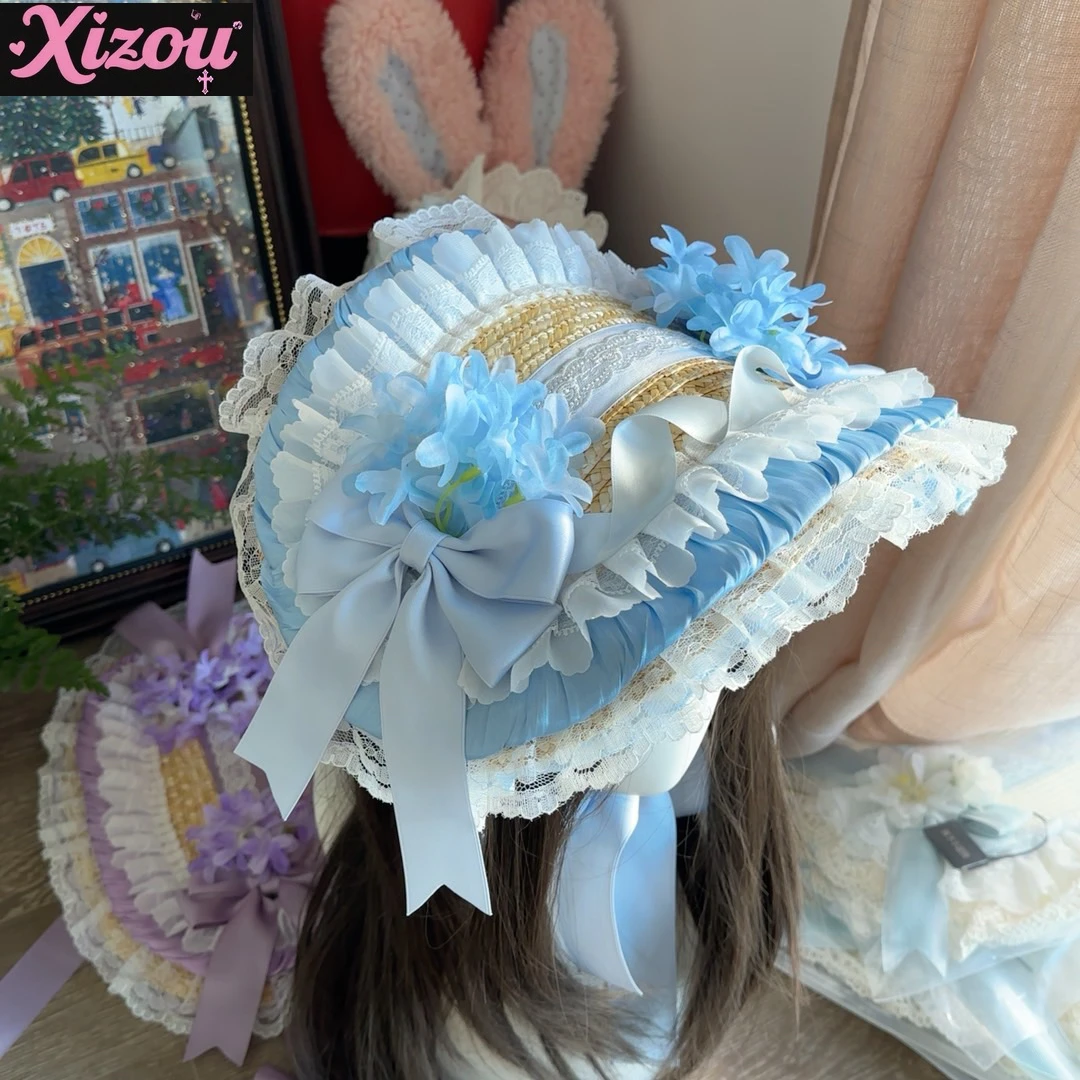 Japanese Original Lolita Handmade Bonnet Lace Hydrangea Bow Bnt Pastoral Lolita Hats Hanyang Eclectic Hair Accessories Headgear