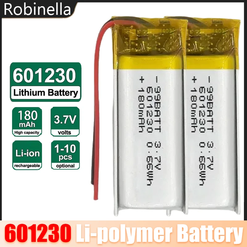 601230 Polymer 3.7V Lithium Battery 180mAh Li-polymer Batteries for Tws Bluetooth Headset Handheld Fan Recorder Pen Walkman MP3