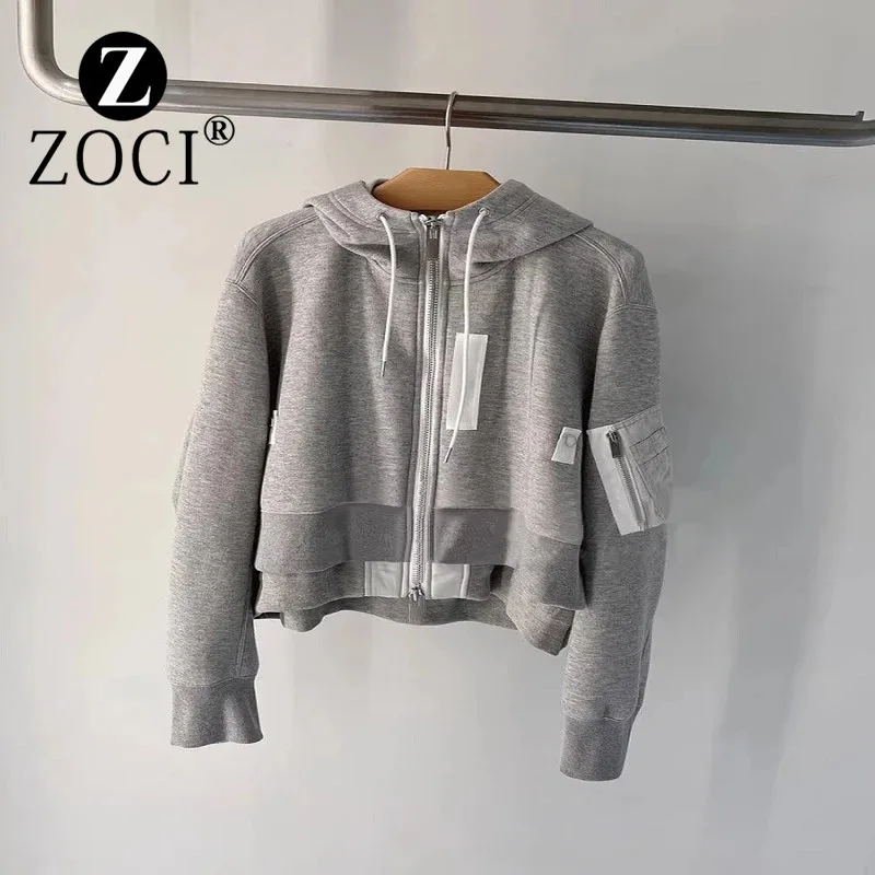 [ZOCI] Autumn Short Coat New Casual Splicing Workwear Zipper Hooded Street Sweater