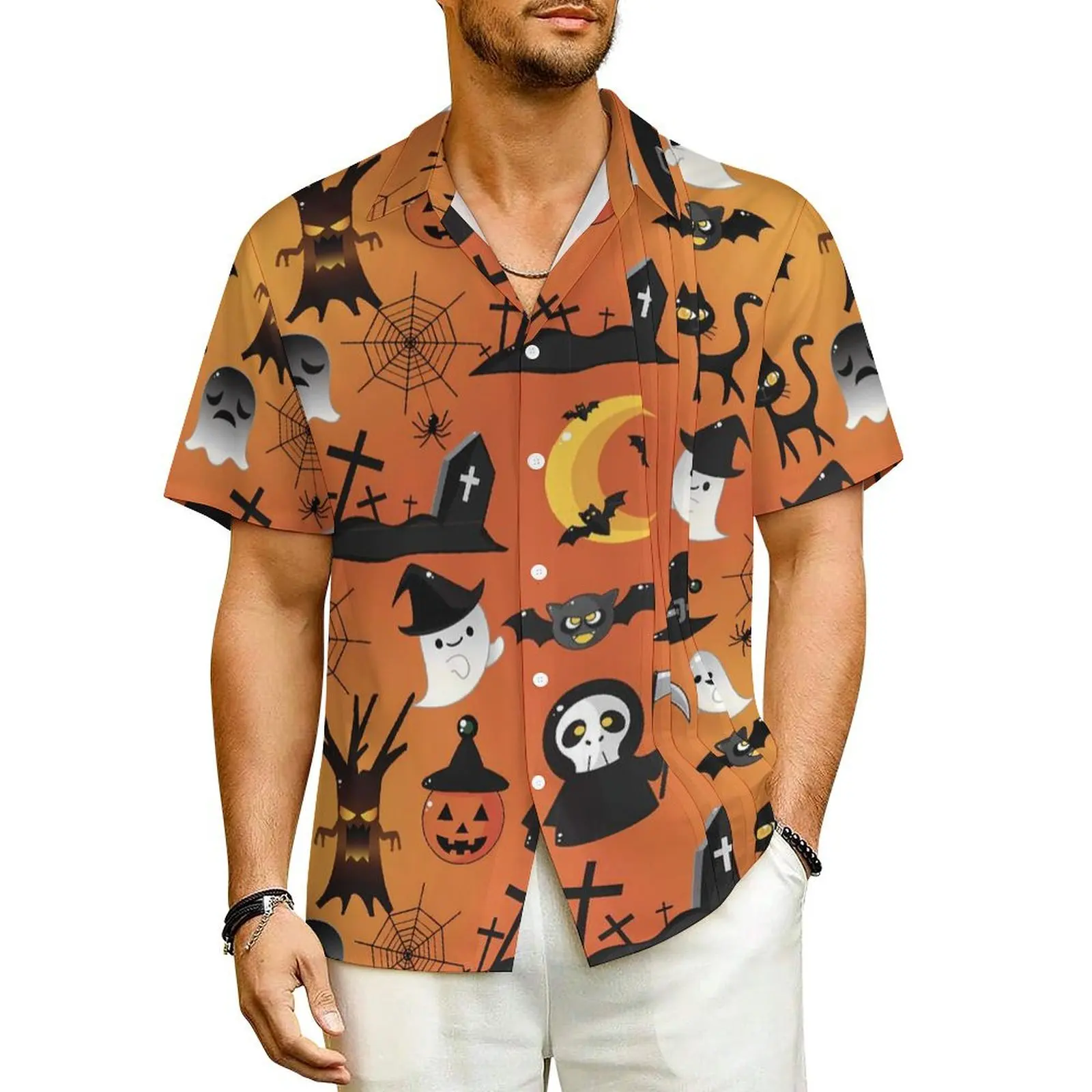 

Happy Haunts Casual Shirt Cartoon Halloween Novelty Summer Shirts Male Short-Sleeve Beach Fashion Pattern Plus Size Blouses