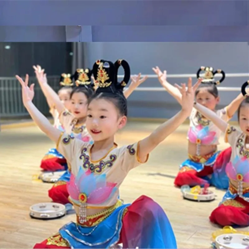 Dunhuang dance costumes, children's classical dance costumes, flying music drums, performance costumes, props, bell drums, wonde