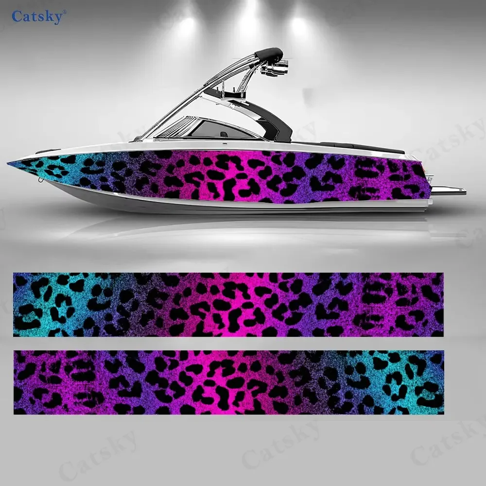 2Pcs Iridescent Leopard Print Boat Stickers, PVC Waterproof Vinyl Wrap Decals for Fishing Boats, Durable and Stylish Design