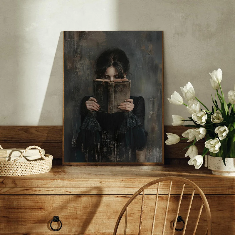 Dark Academia Victorian Woman Reading Bookish Canvas Poster, Frameless Moth White Roses Wall Art for Living Room & Bedroom Decor