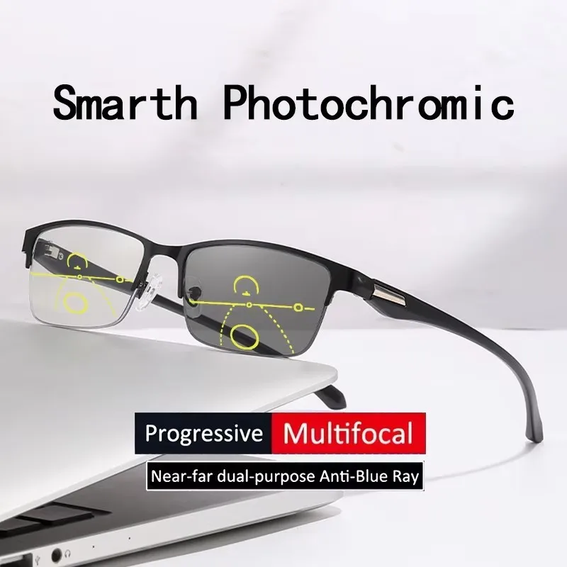 Herren Damen Progressive Lesebrille Photochromatische Anti-Blaulicht Presbyopie-Brille Halbrahmen Metallgestell 1,00 bis 4,00 Dioptrien – Detail 6