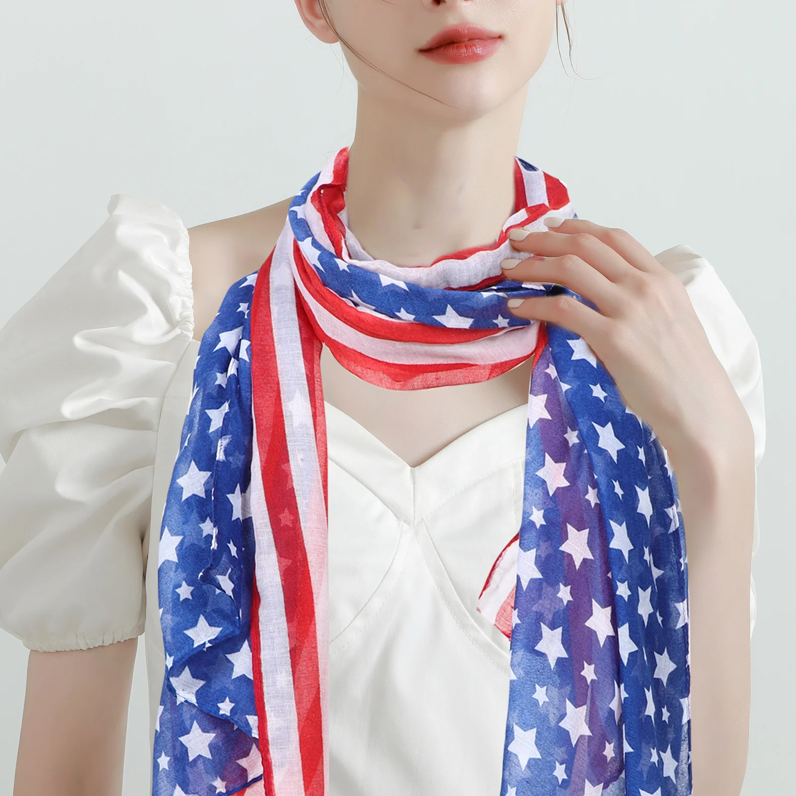American Flag Yarn Scarf Star Stripe Print Soft Comfortable Fashionable Patriotic Celebrations Women Fall Spring